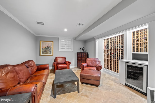 130 Hunt Valley Cir, Berwyn, PA 19312 - living room featuring wine cooler, ornamental molding, and recessed lighting