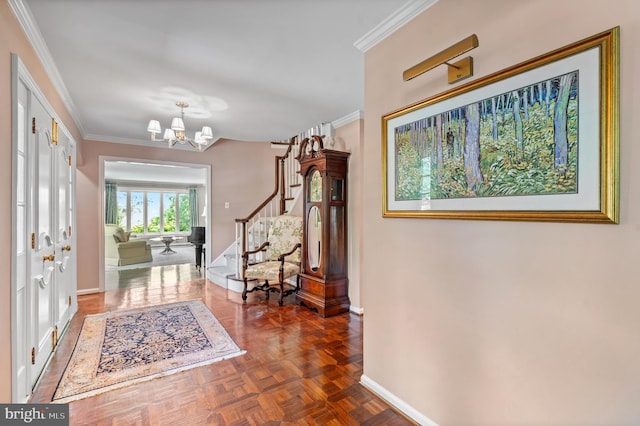 130 Hunt Valley Cir, Berwyn, PA 19312 - foyer with stairs, a chandelier, and crown molding