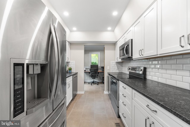 112 Oxley Ct, Newtown Square, PA 19073 - kitchen featuring stainless steel appliances, tasteful backsplash, recessed lighting, white cabinetry, and dark stone counters