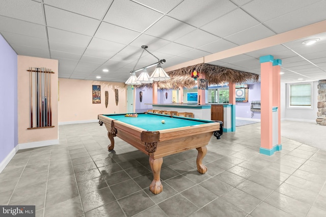 501 Bald Eagle Ct, Lancaster, PA 17601 - game room featuring a paneled ceiling, billiards, recessed lighting, and tile patterned flooring