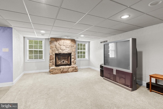 501 Bald Eagle Ct, Lancaster, PA 17601 - unfurnished living room featuring carpet, a drop ceiling, a fireplace, and recessed lighting