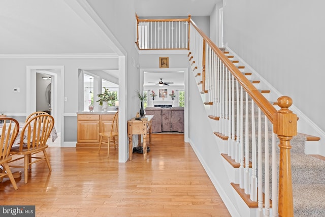 501 Bald Eagle Ct, Lancaster, PA 17601 - entrance foyer featuring stairway, light wood-style flooring, a ceiling fan, and ornamental molding