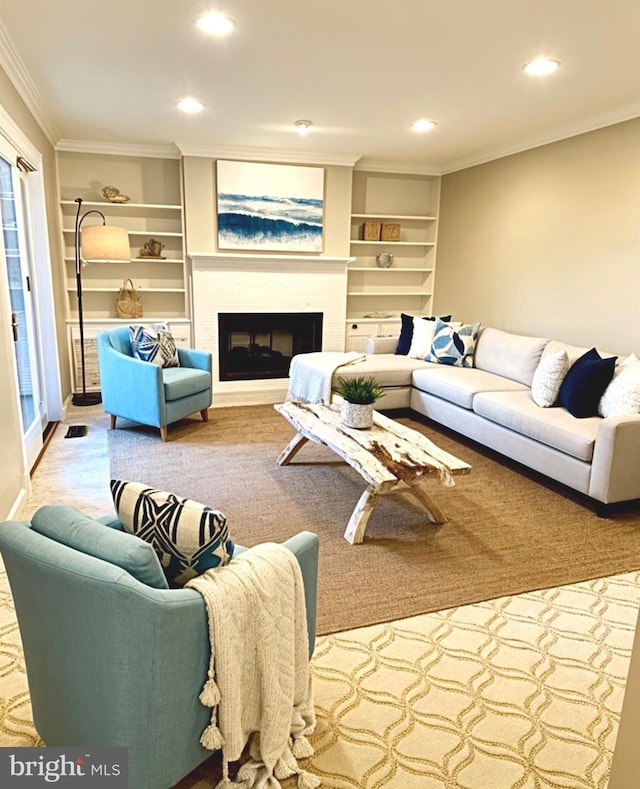 1517 Tuba Ct, Vienna, VA 22182 - living area with crown molding, recessed lighting, a fireplace, built in features, and wood finished floors