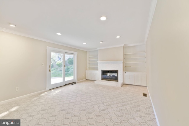 1517 Tuba Ct, Vienna, VA 22182 - unfurnished living room with ornamental molding, light carpet, a glass covered fireplace, recessed lighting, and built in features
