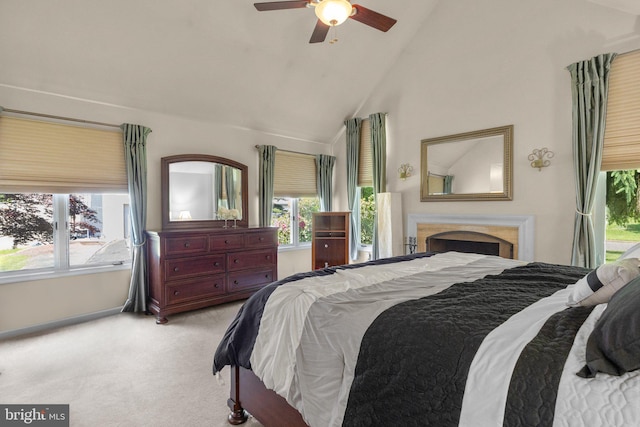 24 Rosette Ln, Richboro, PA 18954 - bedroom featuring light carpet, multiple windows, high vaulted ceiling, ceiling fan, and a fireplace