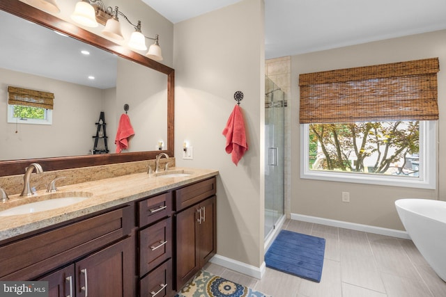 24 Rosette Ln, Richboro, PA 18954 - bathroom featuring double vanity, a stall shower, and a freestanding bath