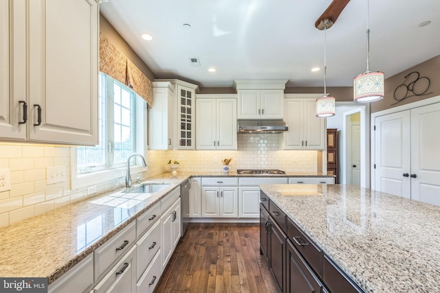 3132 Butternut Ln, Chester Springs, PA 19425 - kitchen with under cabinet range hood, dark wood-type flooring, white cabinetry, decorative light fixtures, and glass insert cabinets