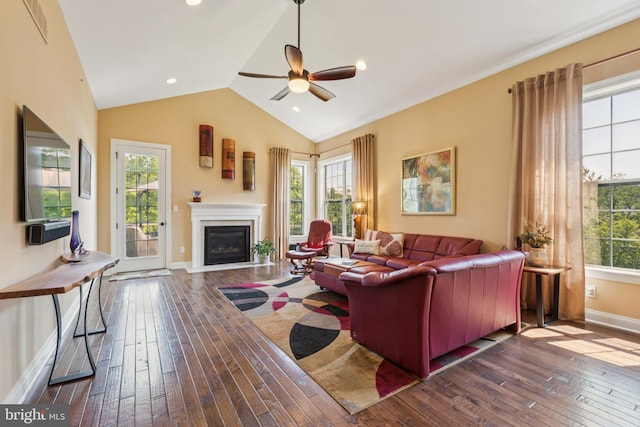 3132 Butternut Ln, Chester Springs, PA 19425 - living area featuring hardwood / wood-style floors, ceiling fan, a fireplace with flush hearth, vaulted ceiling, and recessed lighting