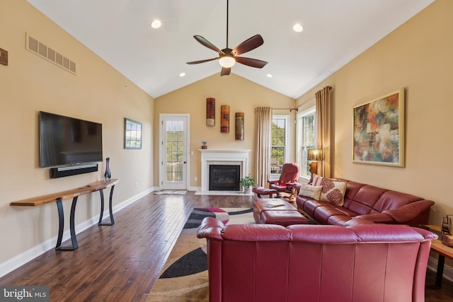 3132 Butternut Ln, Chester Springs, PA 19425 - living area featuring a ceiling fan, dark wood finished floors, a fireplace with flush hearth, vaulted ceiling, and recessed lighting
