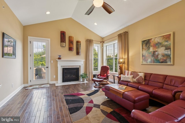 3132 Butternut Ln, Chester Springs, PA 19425 - living area with wood finished floors, vaulted ceiling, ceiling fan, and a fireplace with flush hearth