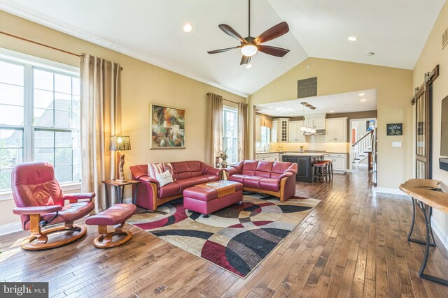 3132 Butternut Ln, Chester Springs, PA 19425 - living area featuring dark wood-type flooring, ceiling fan, plenty of natural light, high vaulted ceiling, and recessed lighting