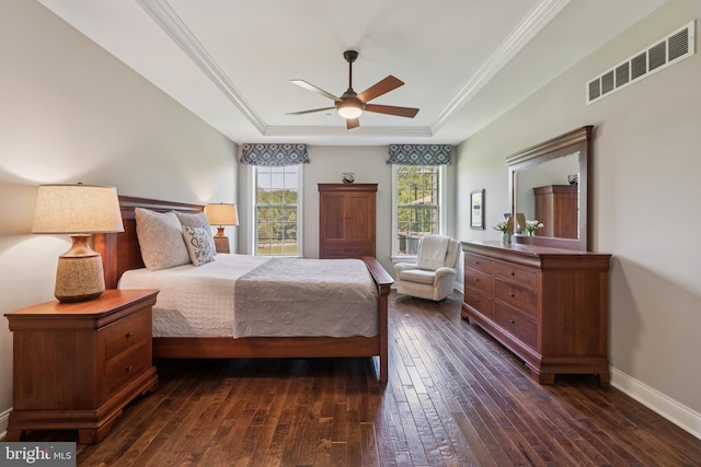 3132 Butternut Ln, Chester Springs, PA 19425 - bedroom featuring a tray ceiling, dark wood-type flooring, ceiling fan, and ornamental molding