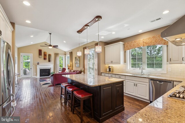 3132 Butternut Ln, Chester Springs, PA 19425 - kitchen with appliances with stainless steel finishes, wall chimney exhaust hood, open floor plan, a ceiling fan, and light stone countertops