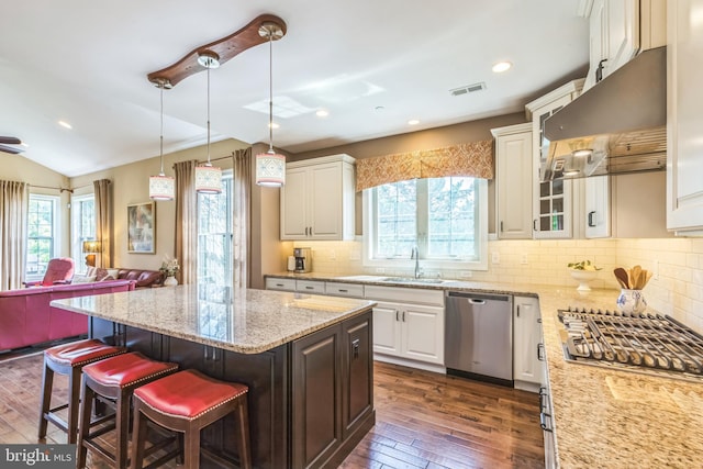 3132 Butternut Ln, Chester Springs, PA 19425 - kitchen with stainless steel appliances, range hood, plenty of natural light, dark wood-type flooring, and recessed lighting