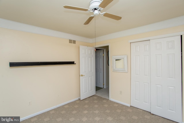 114 Pipers Pl, Chalfont, PA 18914 - unfurnished bedroom featuring light carpet, a closet, crown molding, and ceiling fan