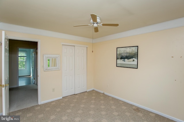 114 Pipers Pl, Chalfont, PA 18914 - unfurnished bedroom featuring light colored carpet, a closet, crown molding, and ceiling fan