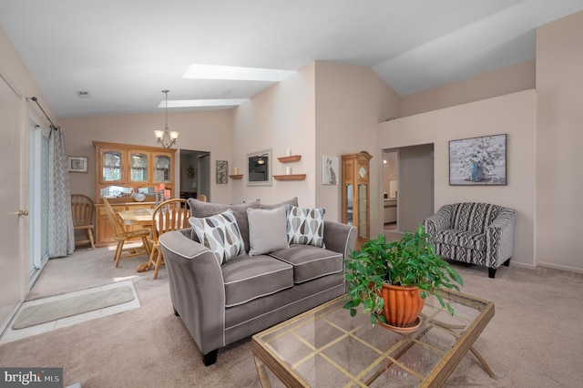 12 Mayville Ln, Marlton, NJ 08053 - living area featuring vaulted ceiling, a chandelier, light carpet, and a skylight