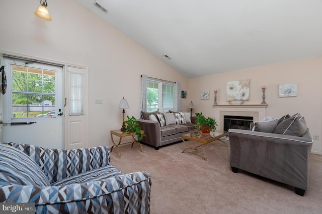 12 Mayville Ln, Marlton, NJ 08053 - living area with carpet flooring, a glass covered fireplace, and high vaulted ceiling