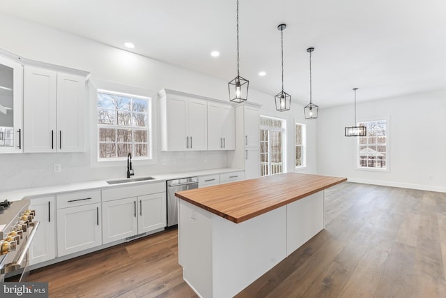 171 Ellicott Rd, Avondale, PA 19311 - kitchen featuring stainless steel appliances, wood counters, white cabinets, healthy amount of natural light, and recessed lighting