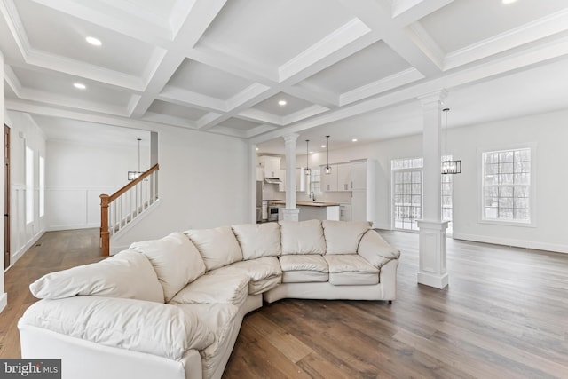 171 Ellicott Rd, Avondale, PA 19311 - living room featuring decorative columns, wood finished floors, beamed ceiling, coffered ceiling, and recessed lighting