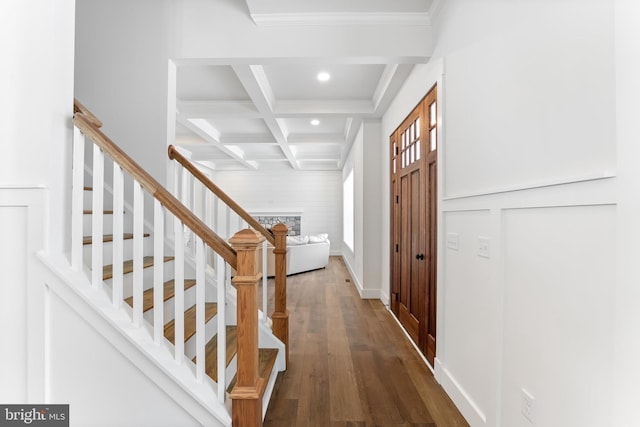 171 Ellicott Rd, Avondale, PA 19311 - entrance foyer with beamed ceiling, recessed lighting, dark wood-style floors, stairs, and coffered ceiling