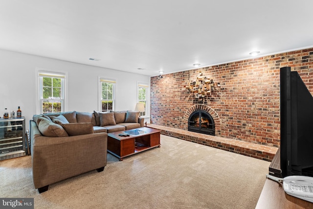 5139 Celestial Way, Columbia, MD 21044 - living room with carpet floors, beverage cooler, a fireplace, and brick wall
