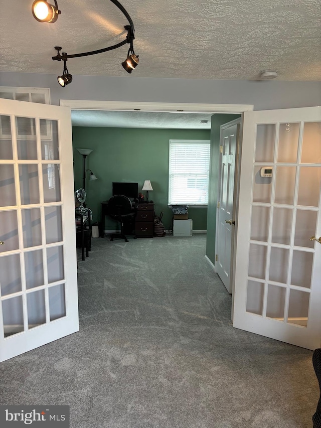 27 Dunlin Way, Sicklerville, NJ 08081 - hallway with french doors, carpet flooring, a desk, and a textured ceiling