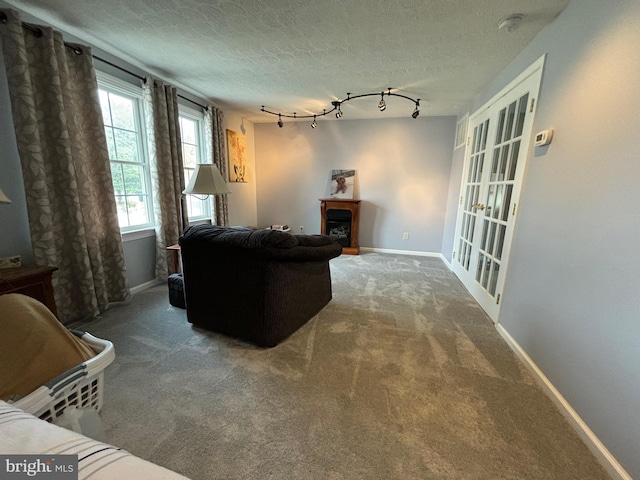 27 Dunlin Way, Sicklerville, NJ 08081 - carpeted living area featuring a fireplace, a textured ceiling, and track lighting