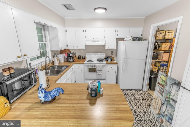 23 Berkeley, Charles Town, WV 25414 - kitchen with white appliances, under cabinet range hood, light countertops, white cabinetry, and crown molding