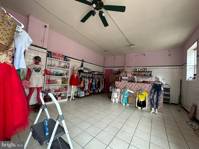 1825 S 8th St, Philadelphia, PA 19148 - misc room with light tile patterned floors, ceiling fan, and a wainscoted wall