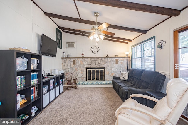 3735 Donegal Ln, Brookhaven, PA 19015 - carpeted living area with ceiling fan, a decorative wall, a fireplace, and an AC wall unit