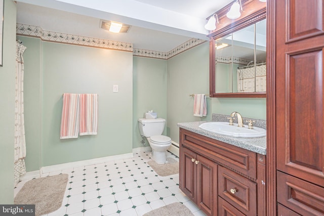 3735 Donegal Ln, Brookhaven, PA 19015 - bathroom with vanity, a shower with curtain, a baseboard heating unit, and tile patterned floors