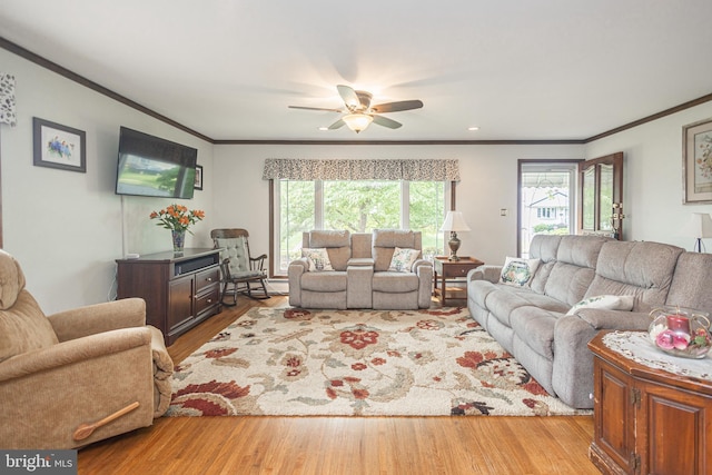 3735 Donegal Ln, Brookhaven, PA 19015 - living area with ornamental molding, ceiling fan, and wood finished floors