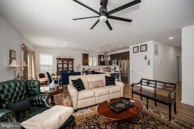 21 Walnut Grove Dr, Fredericksburg, VA 22406 - living room featuring a ceiling fan, wood finished floors, and recessed lighting