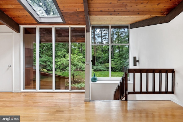 1330 Potomac School Rd, Mclean, VA 22101 - entryway with wood ceiling, plenty of natural light, a skylight, wood finished floors, and floor to ceiling windows