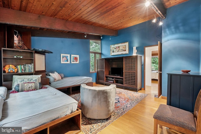 1330 Potomac School Rd, Mclean, VA 22101 - living room featuring wood finished floors, healthy amount of natural light, track lighting, and a wood ceiling with exposed beams