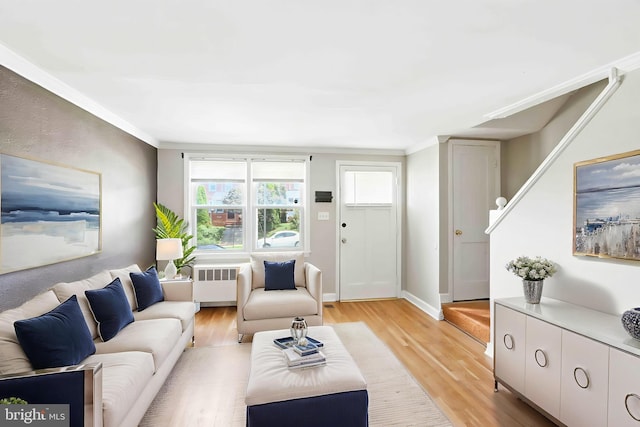 3714 Greenvale Rd, Baltimore, MD 21229 - living area with radiator heating unit, light wood-type flooring, and crown molding