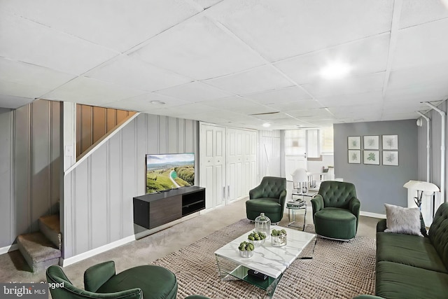 3714 Greenvale Rd, Baltimore, MD 21229 - living area with stairway, carpet, and a drop ceiling