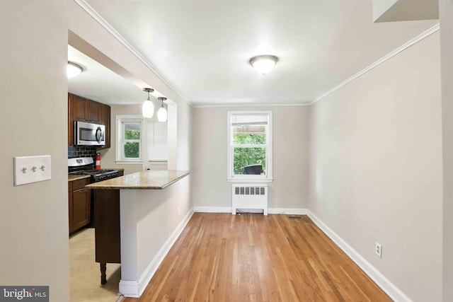 3714 Greenvale Rd, Baltimore, MD 21229 - kitchen with stainless steel appliances, radiator, light wood-style floors, a peninsula, and crown molding