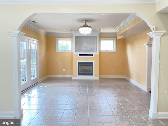 7212 Highland St, Springfield, VA 22150 - unfurnished living room with arched walkways, a large fireplace, crown molding, and french doors