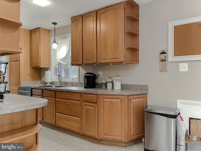 4015 Clyde Ln, White Plains, MD 20695 - kitchen featuring open shelves, pendant lighting, and brown cabinetry