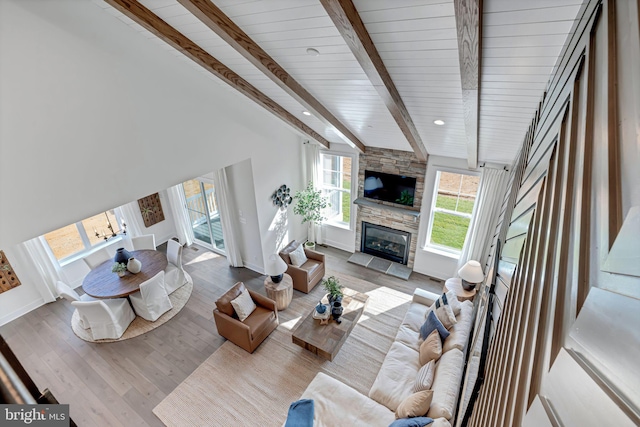 539 Whimsical Dr, Havre De Grace, MD 21078 - living room with a fireplace, wood finished floors, a wood ceiling with exposed beams, and recessed lighting