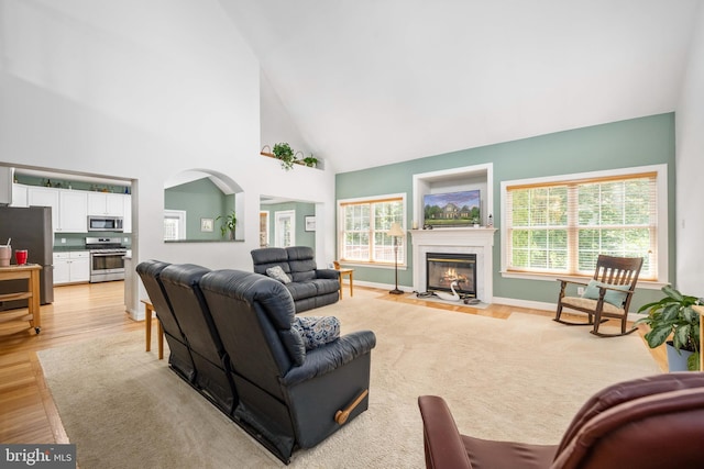 4 Monument Dr, Stafford, VA 22554 - living room with light wood-style flooring, high vaulted ceiling, a fireplace with flush hearth, and arched walkways
