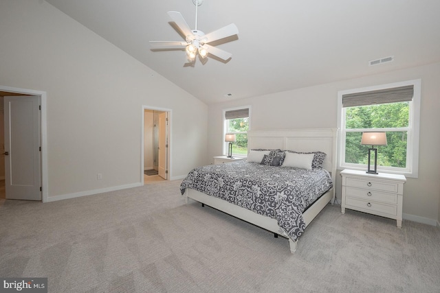 726 Switchman Rd, Media, PA 19063 - bedroom featuring light carpet, high vaulted ceiling, and a ceiling fan