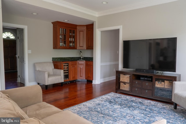 3259 Chrisland Dr, Annapolis, MD 21403 - living room featuring wet bar, wine cooler, dark wood-style flooring, ornamental molding, and recessed lighting
