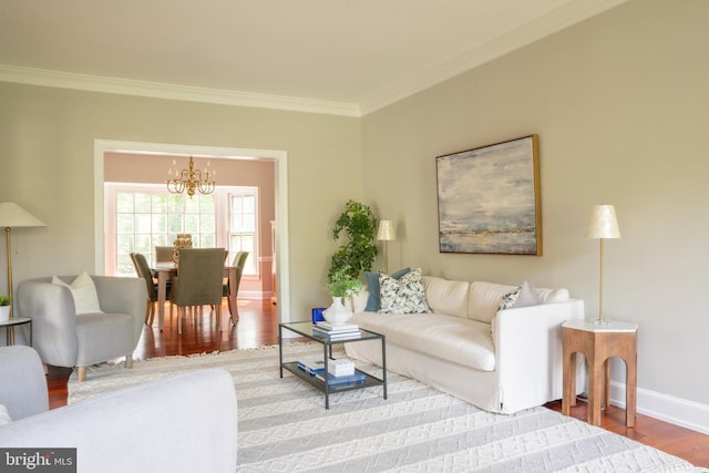3259 Chrisland Dr, Annapolis, MD 21403 - living room featuring a chandelier, ornamental molding, and wood finished floors