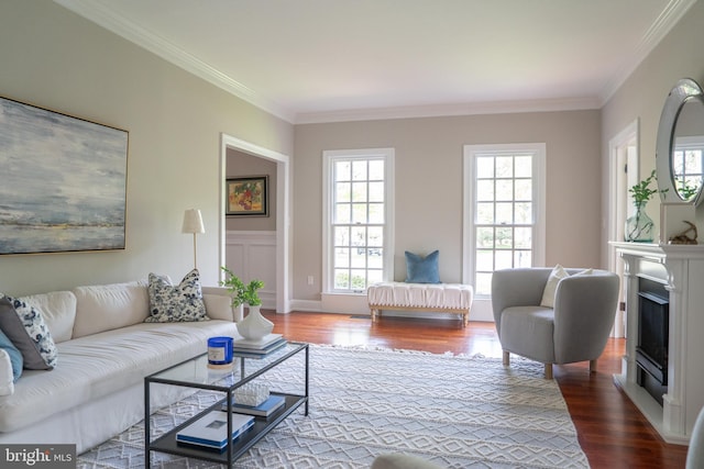 3259 Chrisland Dr, Annapolis, MD 21403 - living room with crown molding, dark wood-style floors, and a fireplace