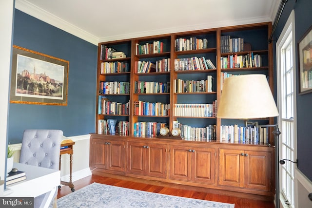 3259 Chrisland Dr, Annapolis, MD 21403 - office area with ornamental molding, wood finished floors, and bookshelves