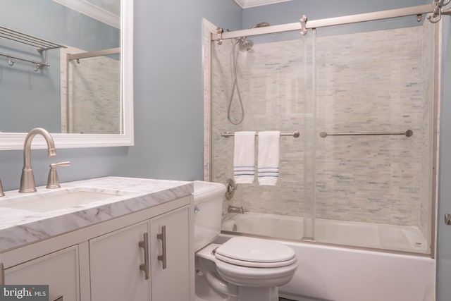3259 Chrisland Dr, Annapolis, MD 21403 - bathroom featuring ornamental molding, vanity, and bath / shower combo with glass door
