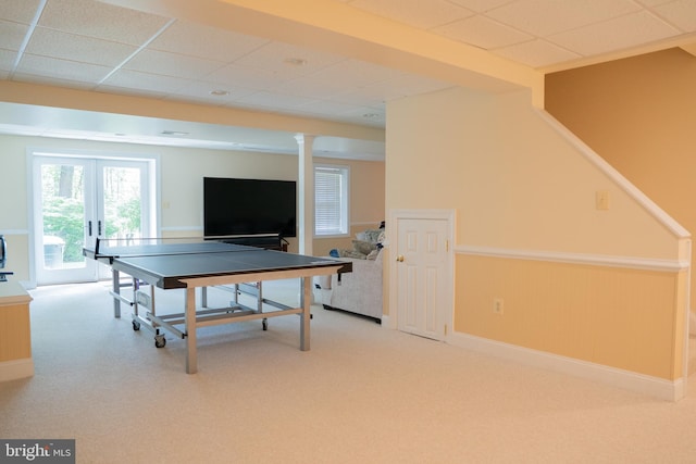 3259 Chrisland Dr, Annapolis, MD 21403 - rec room with a paneled ceiling, a wainscoted wall, carpet flooring, and french doors